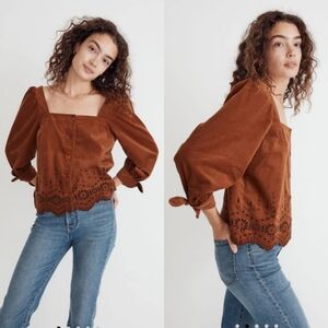 Madewell Embroidered Eyelet Corduroy Tie Sleeve Top Women Boho Hippie Size  2X